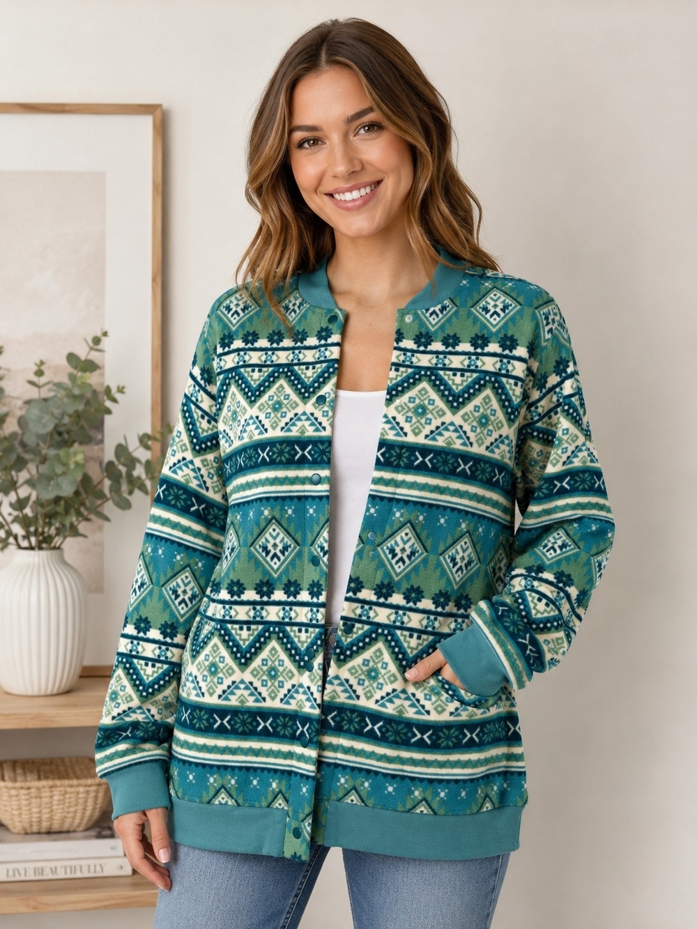 Blair Fleece Snap Cardigan Green Fair Isle Print Pockets Size Medium NEW